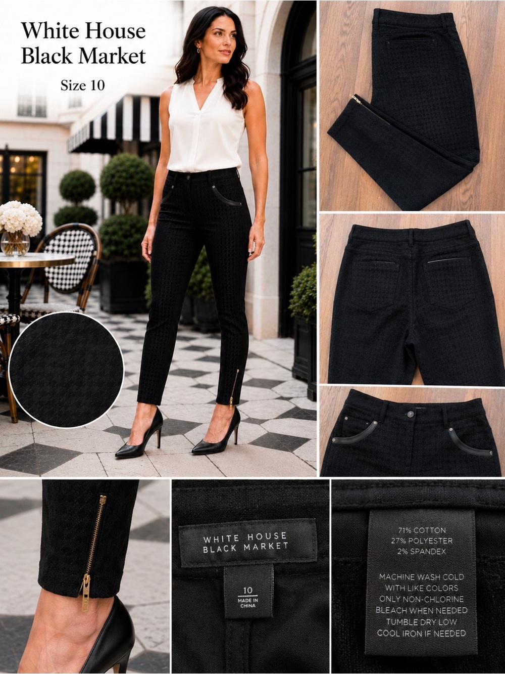 White House Black Market Skinny Ankle Pants Black Houndstooth Size 10 NWT